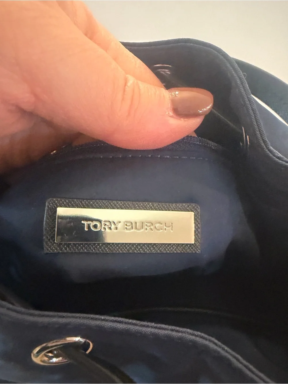 Tory Burch Navy Drawstring Nylon Bucket Shoulder Bag